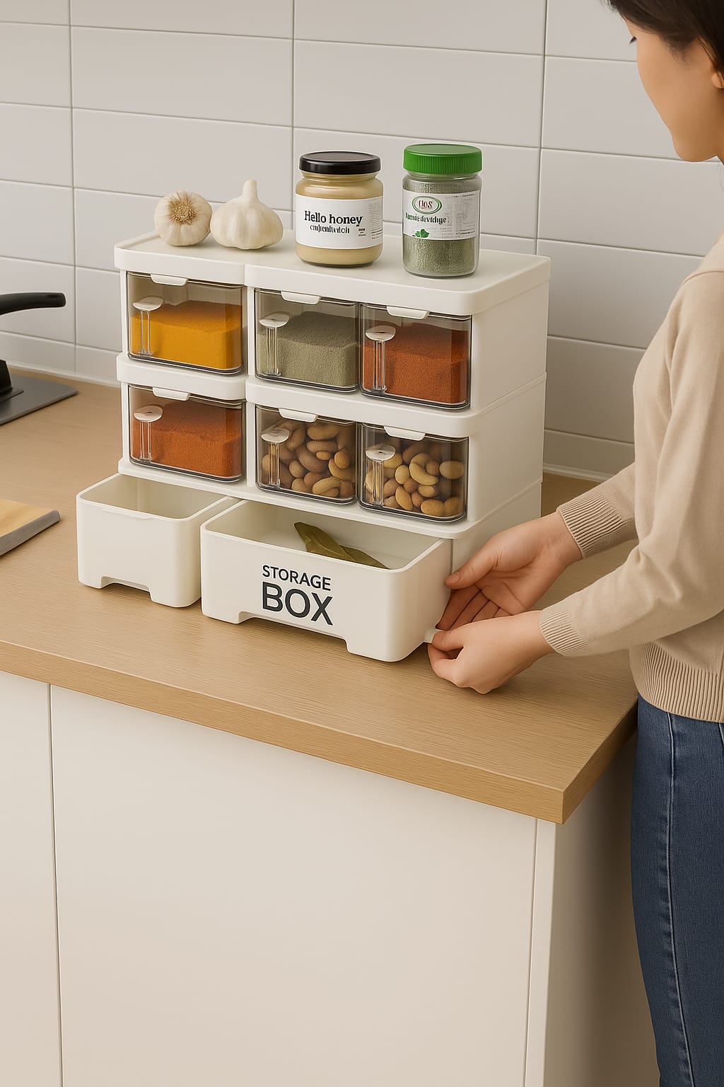 Person interacting with a kitchen storage box on a countertop.
