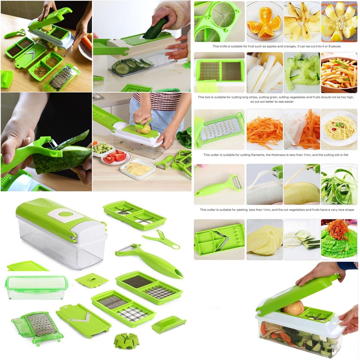 Collage of a green and white kitchen gadget being used to cut vegetables on a wooden surface.