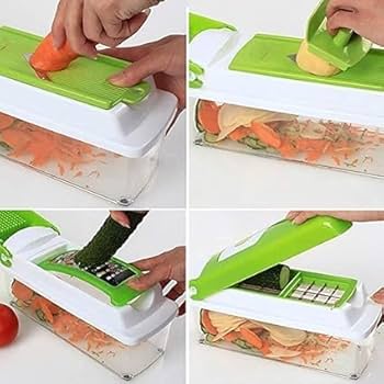 Collage of a person using a green vegetable chopper to slice carrots.