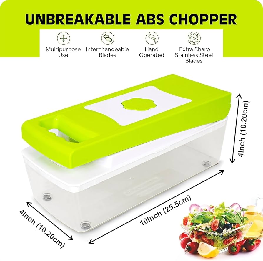 Green and white unbreakable ABS chopper with features listed above it on a green background.
