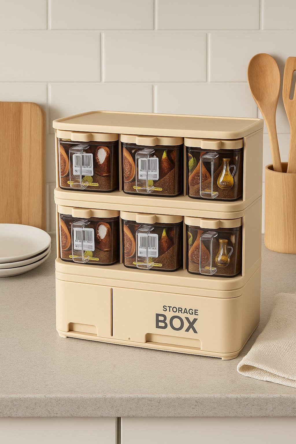 Beige storage box with labeled jars on a kitchen counter