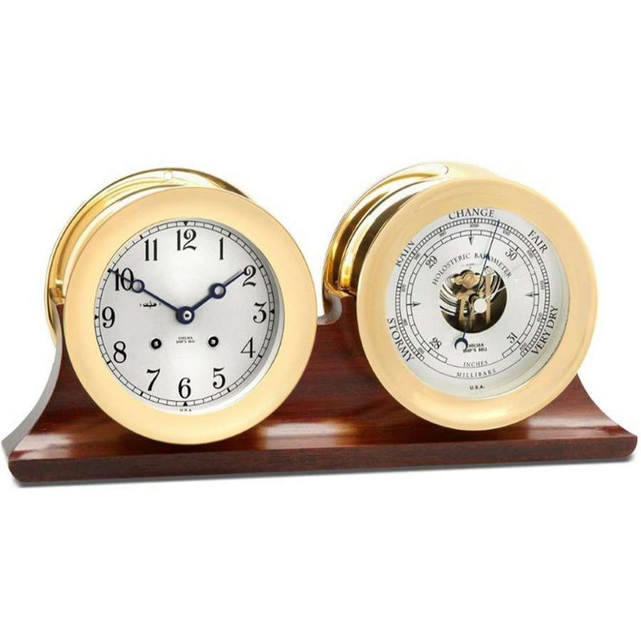 Clocks * | Scully & Scully Ship'S Bell Clock & Barometer On Mahogany Base